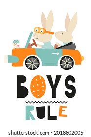 Nursery print posters kids wall decals. Forest animal nursery decor. Cute rabbits on car. Vector illustration on white background.