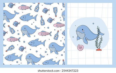 Nursery prints collection with seamless pattern and poster of sea doodles, whales and sharks, for baby clothes, wallpaper, bedding, wrapping paper, stationery, etc. EPS 10