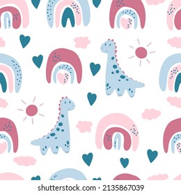 Nursery rainbow dinosaur seamless pattern. Boho rainbow and cute dino animal. Abstract rainbow and clouds. Poster illustration and baby room. Vector cartoon flat illustration on a white background.