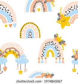 Nursery rainbows seamless pattern. Vector background with cute baby shower elements in simple hand-drawn Scandinavian cartoon doodle style. Limited pastel palette ideal for print