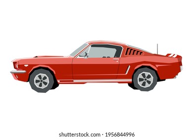 Dibujo de coches retro de guardería. Vehículo muscular al estilo de las caricaturas. Impresión de vehículo aislado para decoración de sala de juegos masculina. Vista lateral del automóvil deportivo. Auto rojo clásico para el arte de pared infantil. Ilustración vectorial