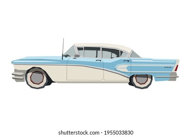 Nursery retro car drawing. Vintage car in cartoon style. Isolated vehicle print for kids game room decor. Side view of old automobile. Classic blue auto for toddler wall art