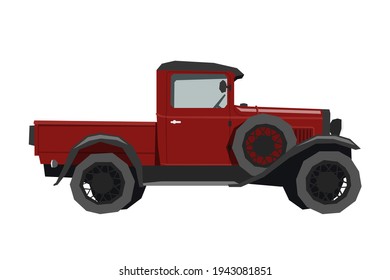 Nursery retro truck drawing. Pickup car in cartoon style. Isolated vehicle print for kids game room decor. Side view of vintage automobile. Classic red auto for toddler wall art. Vector illustration