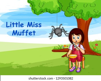 Nursery Rhymes Little Miss Muffet for kids learning school education. Vector illustration