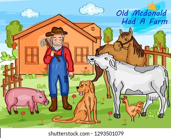 Nursery Rhymes Old Mcdonald Had a Farm for kids learning school education. Vector illustration