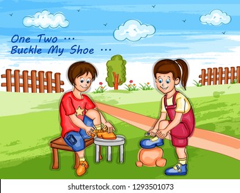 Nursery Rhymes One Two Buckle My Shoe for kids learning school education. Vector illustration