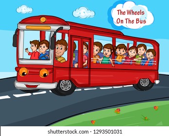 Nursery Rhymes The Wheels on the Bus for kids learning school education. Vector illustration