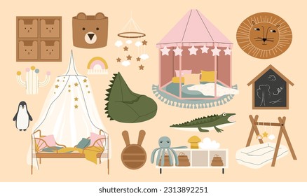 El concepto de accesorios de sala de guardería. Cama y pufs en forma de animales, canciones de cuna con colgantes. Juguetes de pingüino, oso y cocodrilo. Colección vectorial plana de dibujos animados aislada en fondo beige