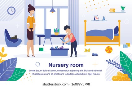 Nursery Room Cleaning, Child Housework and Routine Duties Trendy Flat Vector Banner, Poster Template. Happy Smiling Mother and Preschooler Son Collecting Scattered on Floor Toys in Box Illustration