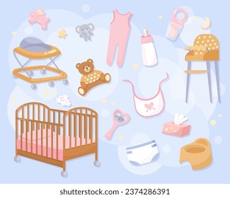 Nursery room elements and equipment vector illustrations set. Collection of cartoon drawings of baby crib, toys, rattle, diaper, clothes, high chair, bottle, potty. Baby care, childhood concept