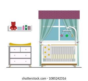 Nursery room in a flat style. There are 	commode,  table for nappy changing, shelf with bottles, bear and diapers, baby cot and window.