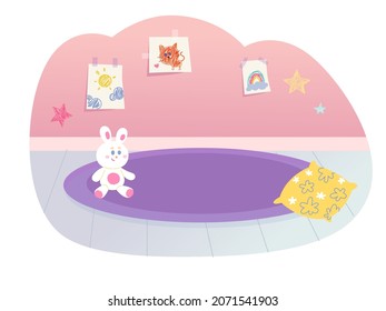 Nursery, room for fun games of preschool baby girl vector illustration. Cartoon empty kindergarten playroom, cute interior with paintings on pink wall, toy and pillow on floor isolated on white