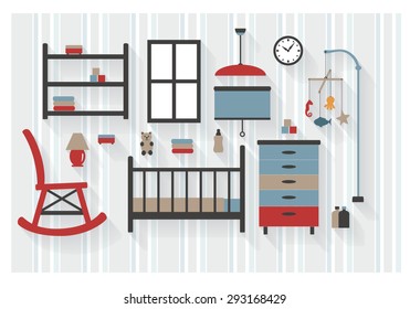 Nursery Room Furniture With Baby Cot And Rocking Chair Flat Icons - All Long Shadows On One Layer - Contains Blends
