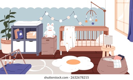 Interior do quarto de crianças. Quarto de bebê acolhedor com berço, brinquedos, tapete, decoração escandinava. Design de casa para crianças pequenas, estilo moderno na moda. Recém-nascidos e crianças pequenas. Ilustração de vetor plano.