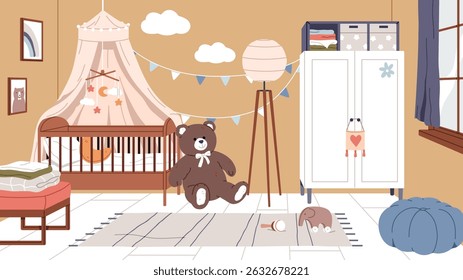Nursery room interior. Cozy baby bedroom with crib, bed with canopy, plush bear, kids toys, cupboard and modern Scandinavian decor. Home design for newborns, infants. Flat vector illustration.