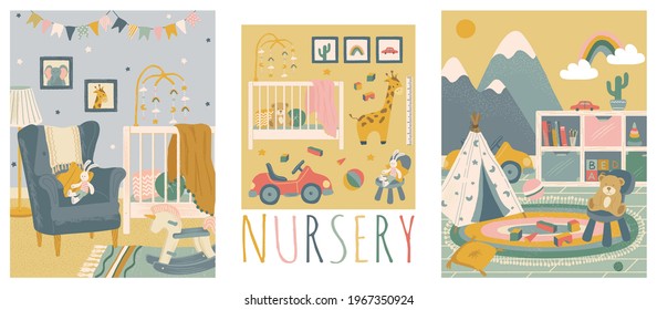 Nursery room interior hand drawn vector illustration set. Home modern interior design. Newborn child room furniture and accessories. Baby crib, colorful wallpaper, kids toys, playground