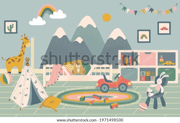 Nursery room
interior hand drawn vector illustration. Home modern interior
design. Newborn child room furniture and accessories. Children bed,
tent, teddy bear, colorful
wallpaper