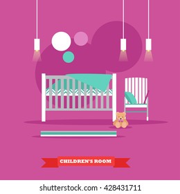 Nursery room interior. Vector illustration in flat style. Baby room with cradle.