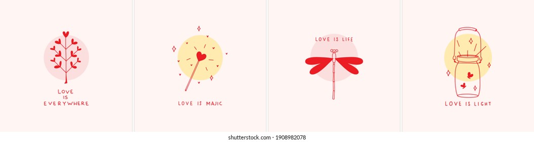 Nursery room poster designs with heart shape leaves, dragonfly, magic wand, jar of fireflies with heart shape wings. Trendy childish kidult hand drawn line art style print with cute quotes about love.