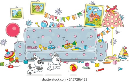 Nursery room with a sofa and colorful toys scattered in mess after a merry game and romp of a funny little puppy and kitten running and jumping with a ball, vector cartoon illustration on white