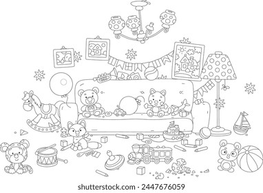 Nursery room with a sofa and toys scattered in mess after a funny game of hide and seek and romping of little kids, black and white vector cartoon illustration for a coloring book