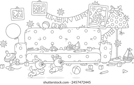 Nursery room with a sofa and a lot of toys scattered in mess after a merry game and romp of a funny little puppy and kitten running and jumping with a ball, black and white vector cartoon illustration