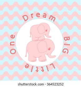 Nursery room wall decoration Baby poster Mother and baby animals, Cartoon baby elephant on Wavy stripes background in pink and blue for Baby shower invitation, greeting card, t-shirt prints, wallpaper