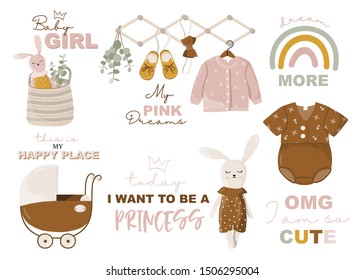 Nursery Scandinavian lettering and elements - stroller, apparel, rainbow, toys, basket, jumper, shoes, home decorations. Cozy Autumn season. Vector illustration