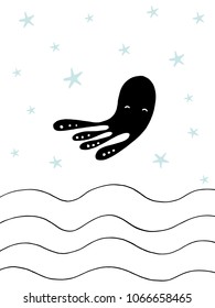 Nursery scandinavian style poster with octopus and hand drawn waves printable