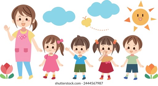Nursery school children are taking a walk with their teacher