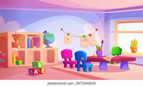 Nursery school room interior. Vector cartoon illustration of kindergarten classroom with large window, pictures on wall, painting brushes and pencils on table, cute chairs for kids, books on shelf