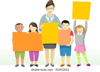 Nursery School Sign-Array of pupils holding up a blank sign with their teacher
