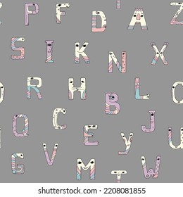 Nursery harmonieux motif ABC, arrière-plan alphabet, image vectorielle amusante. Utilisation pour l'impression, papier peint, décoration, peintures murales pour les enfants.