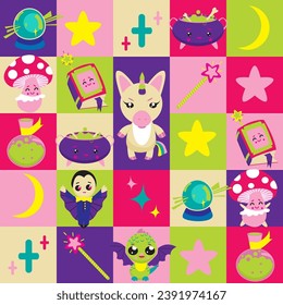 Nursery seamless background. Squares and magic characters, unicorn, mushroom, dragon. Magical vector pattern.
