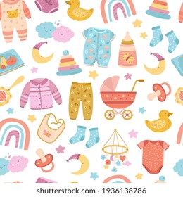 Nursery seamless pattern. Abstract rainbow, stars moon and simple bright kids elements. Cloth multicolor print, cute cloud exact vector texture