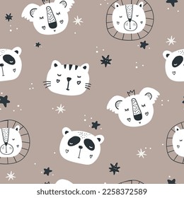 Nursery seamless pattern with animal heads. Cute characters with stars. Baby cartoon vector in simple hand-drawn Scandinavian style. Nursery illustration on a pastel palette