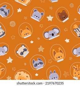 Nursery seamless pattern with astronauts animals, stars. Childish pattern for fabric, paper, wrapping, clothing, textile, wallpaper, t-shirt prints, pajamas, linens, kids apparel, beddings