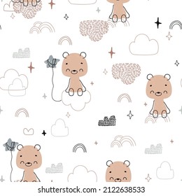 Rastreo sin fisuras con oso en las nubes. Patrón infantil para tela, papel, envoltura, ropa, textiles, papel pintado, tarjetas, estampados para camisetas, pijamas, ropa