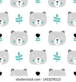 Nursery seamless pattern with bear, Scandinavian style.Vector design for wrapping paper, textile. 