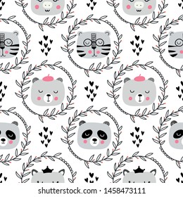 Nursery seamless pattern with bear, skunk, pig and panda, Scandinavian style.Vector design for wrapping paper, textile. 