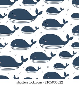 Nursery seamless pattern blue whale hand drawn design in cartoon style Use for textiles, prints, wallpapers, vector illustrations