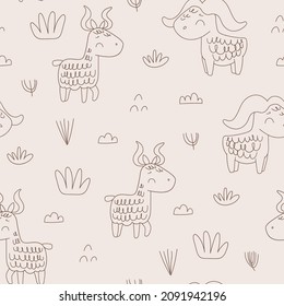 Nursery seamless pattern with buffalo, antelope in linear style. Safari coloring pattern. Childish pattern for fabric, wrapping, clothing, textile, wallpaper, pajamas, kids apparel, beddings. Vector