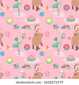 Padrão sem emenda de viveiro com capivara, melancia, ave, floral, libélula e flores de lótus. Perfeito para design de cartão de saudação, impressão de tecido, design de papel de embrulho, impressões de bebê e têxteis domésticos. 