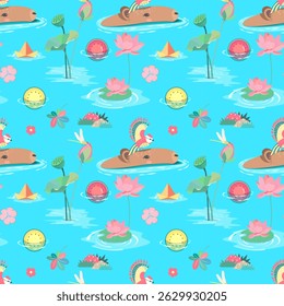 Padrão sem emenda de viveiro com capivara, melancia, ave, floral, libélula e flores de lótus. Fundo azul. Perfeito para design de cartão de saudação, impressão de tecido, design de papel de embrulho e impressões de bebê.