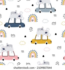 Nursery seamless pattern car with koala Cute textures for baby bedding, fabrics, wallpaper, wrapping paper, textiles, t-shirt printing