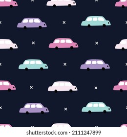 Nursery seamless pattern car on a black background Use for prints, decorative wallpaper, textiles Vector Illustration