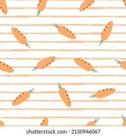 Nursery seamless pattern carrots on a stripes background Use for prints, wallpapers, textiles Vector Illustration