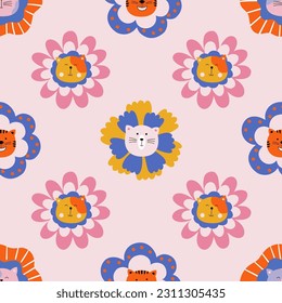 La guardería es perfecta con gatos y flores. Vector de fondo moderno. Se puede usar para prendas de vestir, papel pintado, textiles. 