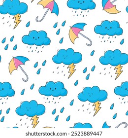 Nursery seamless pattern with clouds doodles, umbrellas, rain drops for prints, wallpaper, textile, wrapping paper, scrapbooking, etc. EPS 10