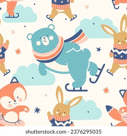 Nahtlose Nurserie-Muster. Gemütlicher skandinavischer Stil. Spaß beim Schlittschuhlaufen von Tierfreunden. Sonnige Winteraktivitäten. Adorable, handgezeichnet, nordische Fliesenhintergrund, Stoff, Packpapier